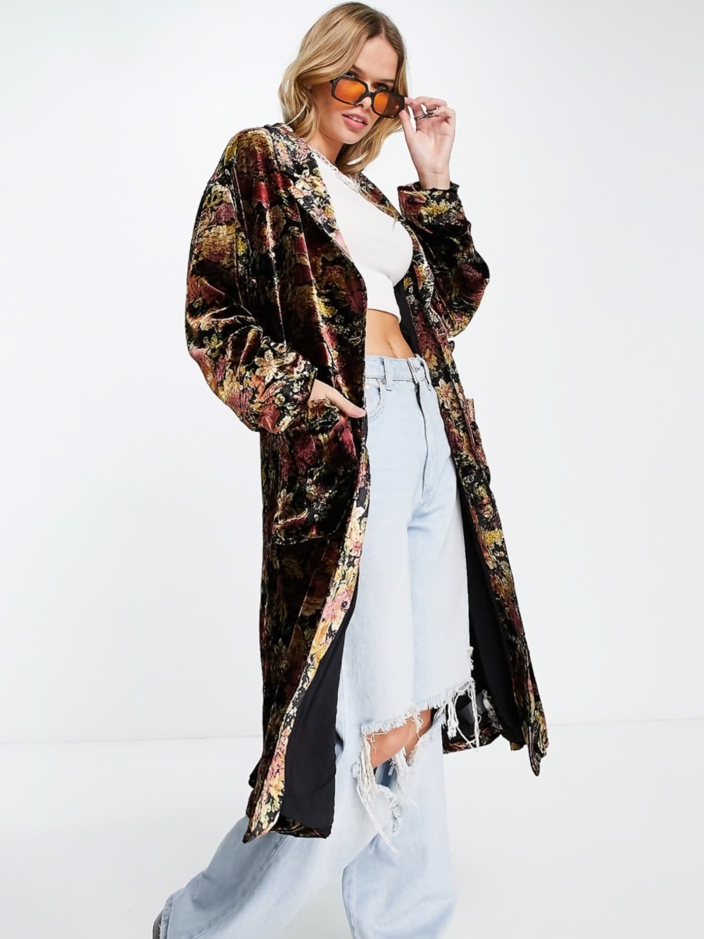 Free People Velvet Floral Duster Coat - Multi Brown